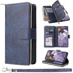 ZCDAYE Wallet Case for iPhone Xs Max 6.5",Premium[Magnetic Closure][Zipper Pocket] Folio PU Leather Flip Cover with 9 Card Slots Kickstand-Dark Blue