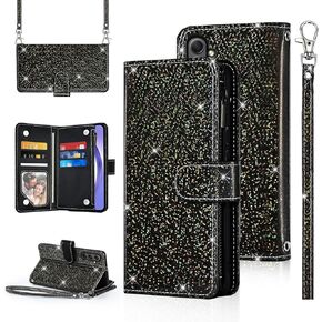 Polka dots Wallet Case for Samsung Galaxy A14/M14 5G with Wrist Strap Shoulder Strap Zipper Flip Purse Sparkly Glitter Credit Card Holder Stand Phone Cover for A 14 4G 14A 14M G5 Women Men Blue