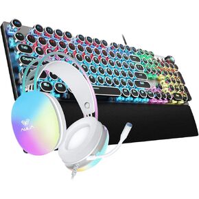 AULA Typewriter Style Keyboard and Gaming Headset Combo, RGB Rainbow Backlit Keyboard Headset Set, Wired Blue Switches Mechanical Keyboard + USB PC Gaming Headset with Microphone