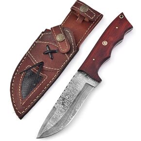 Custom Handmade Damascus Steel Fixed Blade Hunting Knife with Leather Sheath- 10inch Survival Hunting Knives for men- Belt Knife with Horizontal and Vertical carry- Bushcraft knife for Skinning Camping Outdoor