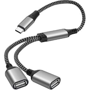 USB C Y Splitter Cable 4-in-1 Adapter 2Feet, USB Type-C Male to 2 Dual Double USB-A Female OTG Connector Extender Hub Support Charging and Data Transfer for iPhone 16/15 Series, Car, Laptop, PS4, PS5
