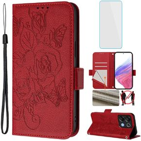for Umidigi G9T/Umidigi G9 5G Phone Case Wallet with Screen Protecter RFID Blocking Card Women Cell Phone Cover Floral Blutterfly Case for Umidigi G9A G9C G 9 5G G9 A C T Note 90 Red