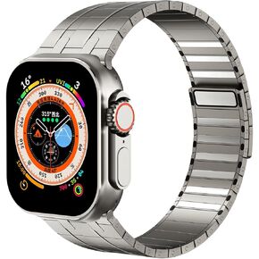 Compatible with Apple Watch Ultra2/Ultra Stainless Steel Magnetic Band 49mm 46mm 45mm 44mm 42mm(Series 3 2 1)，Fashion Metal Watch Bands for Men，For iWatch Series SE 10 9 8 7 6 5 4,Titanium
