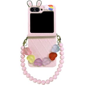 for Samsung Z Flip 6 Case with Hinge Protection & Chains, Cute Pink Z Flip 6 Phone Case Women Girls, Anti-Scratch Shockproof Case for Samsung Galaxy Z Flip 6 2024