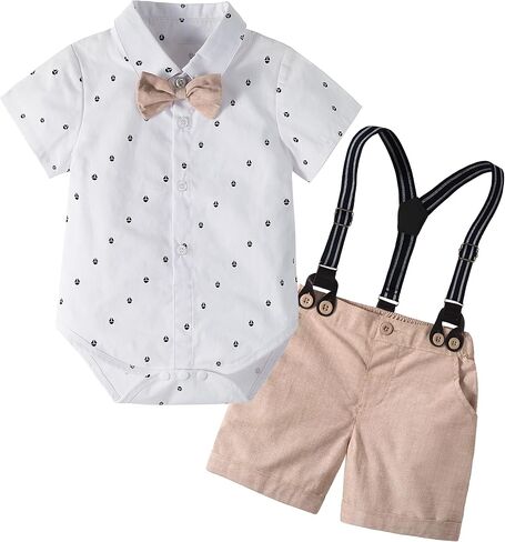 Volunboy Baby Boy Summer Beach Formal Wedding Gentleman Dress Clothes | toddler ring bearer guest dressy clothes, birthday photoshoot suspenders shorts set, short sleeve dress shirt formal wear in Saudi Arabia