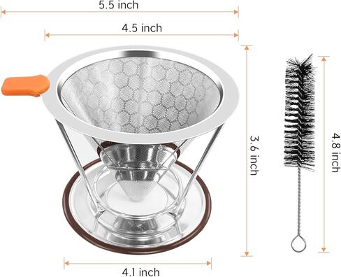 Pour Over Coffee Dripper, Paperless Pour Over Coffee Filter, Reusable Pour Over Coffee Maker Set, Dual-Layer Stainless Steel Cone Filter, Detachable Dripper Stand, Single Cup Brewer 1-2 Cup in Kuwait