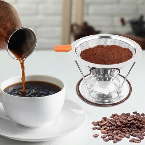 Pour Over Coffee Dripper, Paperless Pour Over Coffee Filter, Reusable Pour Over Coffee Maker Set, Dual-Layer Stainless Steel Cone Filter, Detachable Dripper Stand, Single Cup Brewer 1-2 Cup in Kuwait