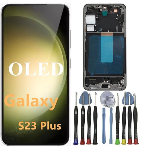 OLED GALAXY S23 بالإضافة إلى استبدال الشاشة لـ Samsung S23PLUS 5G DISPACT TOUCH SCREEN DIGITIZER ANDRECLESS SM-S916U SM-S916U1 SM-S916B LCD Pudprint (مع إطار أرجواني+أدوات) in Kuwait