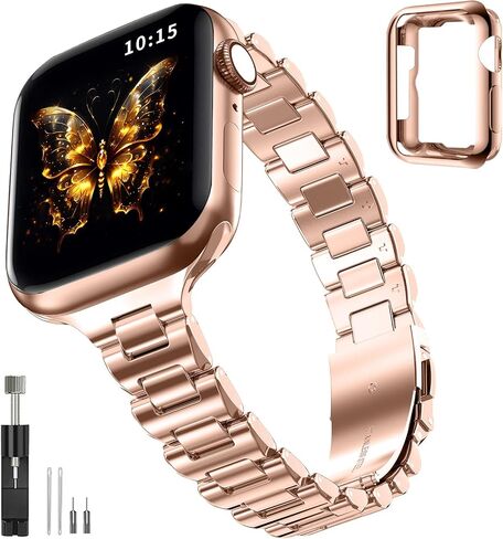 متوافق مع شريط Apple Watch للنساء ، أشرطة IWatch المعدنية من الفولاذ المقاوم للصدأ مع علبة Apple Watch Series 9/8/7/6/5/4/2/1/SE حزام فاخر in Kuwait