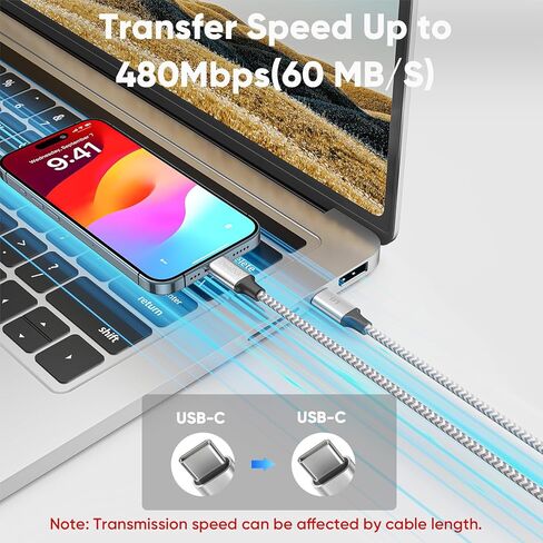 15 قدمًا من كابل USB C إضافي طويل ، 40 واط شحن سريعًا USBC إلى سلك USB-C ، و 480 ميجا بريتنيات في الثانية نقل البيانات من النوع C إلى الذكور لسلسلة iPhone 16/15 ، و Galaxy S24/S23 ، و Google ، و iPad ، و Pixel والمزيد in Kuwait