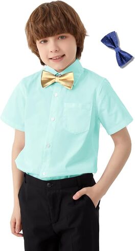 Aimehonpe Boys Short Sleeve Dress Shirts Solid Poplin Soft Stretch Fabrics with Two Bow Tie Set in Kuwait
