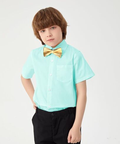 Aimehonpe Boys Short Sleeve Dress Shirts Solid Poplin Soft Stretch Fabrics with Two Bow Tie Set in Kuwait