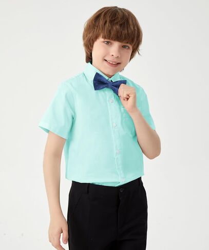 Aimehonpe Boys Short Sleeve Dress Shirts Solid Poplin Soft Stretch Fabrics with Two Bow Tie Set in Kuwait