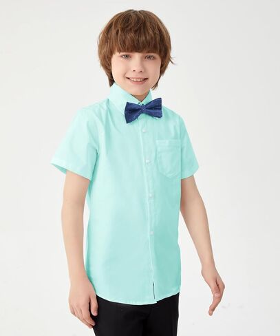 Aimehonpe Boys Short Sleeve Dress Shirts Solid Poplin Soft Stretch Fabrics with Two Bow Tie Set in Kuwait