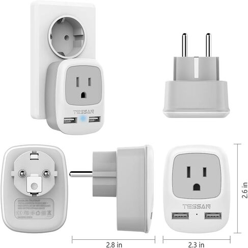 2 Pack European Travel Plud Adapter ، Tessan US to Europe Plug Adapter مع 3 منافذ USB (1 USB C) ، منفذ الطاقة C للاتحاد الأوروبي إيطاليا أيسلندا إسبانيا فرنسا ألمانيا in Kuwait
