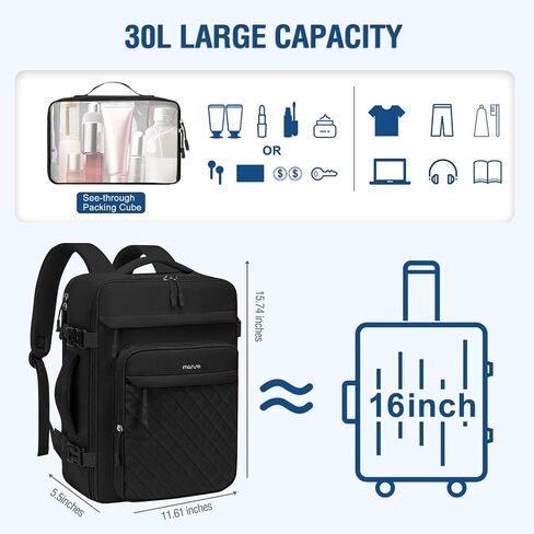 MOSISO Travel Backpack for Women Men, 15-15.6 inch Rhombus Quilted Laptop Backpack Flight Approved with Packing Cubes, 16 inch Carry on Daypack with USB Port for College Work Business, Black in Kuwait