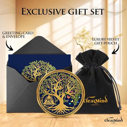 Tree of Life Sobriety Coins - Addiction Recovery Coins Sobriety Chips - AA Chips and Medallions - Anniversary Sobriety Gifts for Men & Women with Coin Capsule & Pouch - Days 90 in Saudi Arabia