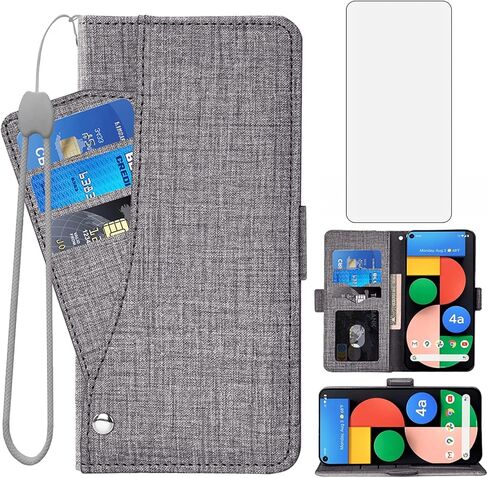 Asuwish Compatible with Google Pixel 4a 5G 6.2 Wallet Case Tempered Glass Screen Protector and Flip Cover Card Holder Stand Cell Phone Cases for Pixel4a5G UW Pixel4a 5G Pixle a4 G5 4a5G Women Men Gray in Saudi Arabia