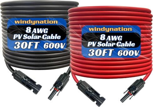 WindyNation 8 AWG 8 Gauge Pair 15 Feet Black + 15 Feet Red Solar Panel Extension Cable Wire Solar Connectors (Variety of Lengths Available) in Kuwait