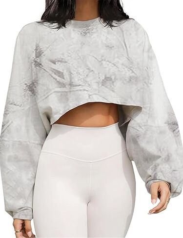 Women Camo Long Sleeve Crewneck Crop Top Tee Shirt Sweatshirt Casual Maple Leaf Print Loose Cropped Pullover Tshirt in Saudi Arabia