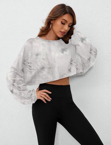 Women Camo Long Sleeve Crewneck Crop Top Tee Shirt Sweatshirt Casual Maple Leaf Print Loose Cropped Pullover Tshirt in Saudi Arabia