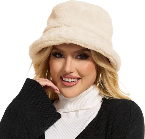 Winter Bucket Hat Fluffy Faux Fur Fisherman Cap for Women Men Solid Color Style in Kuwait