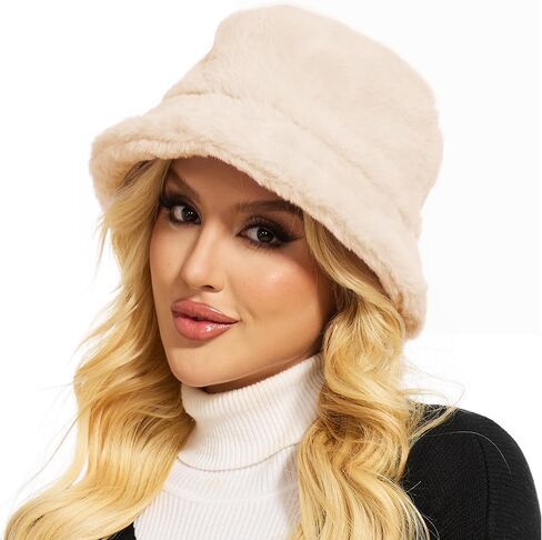 Winter Bucket Hat Fluffy Faux Fur Fisherman Cap for Women Men Solid Color Style in Kuwait