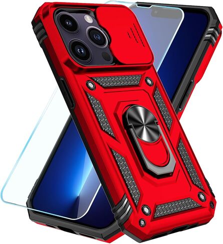SunStory Compatible with iPhone 13 Pro Case with HD Screen Protector & Slide Camera Cover & Rotated Ring Kickstand, [Military-Grade] Phone Case for iPhone 13 Pro (Red) in Saudi Arabia