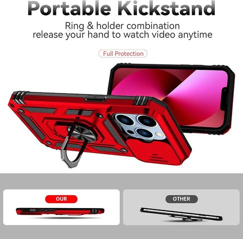 SunStory Compatible with iPhone 13 Pro Case with HD Screen Protector & Slide Camera Cover & Rotated Ring Kickstand, [Military-Grade] Phone Case for iPhone 13 Pro (Red) in Saudi Arabia