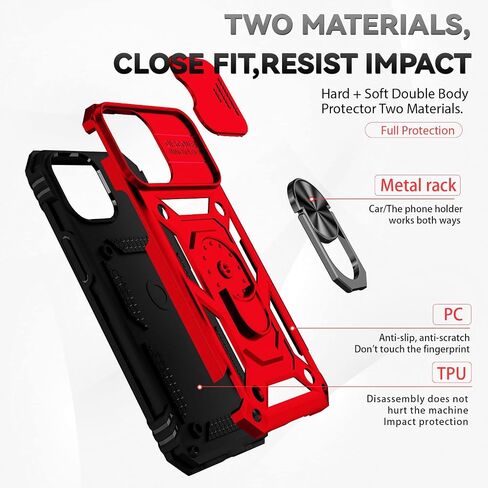 SunStory Compatible with iPhone 13 Pro Case with HD Screen Protector & Slide Camera Cover & Rotated Ring Kickstand, [Military-Grade] Phone Case for iPhone 13 Pro (Red) in Saudi Arabia