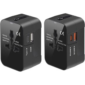 Travel Adapter 2 Pack, Worldwide All in One Universal Travel Adaptor AC Power Plug Adapter Wall Charger with USB-C and USB-A Charging Ports for USA EU UK AUS