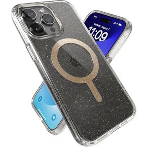 Speck iPhone 15 Pro Max Case - Built for MagSafe, Drop Protection - Scratch Resistant, Anti-Yellowing 6.7 Inch Phone Case - Presidio Lux Clear/Gold Glitter/Beige Sweater