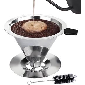Pour Over Coffee Dripper, Slow Drip Paperless Coffee Filter, Stainless Steel Reusable Pour Over Coffee Maker for Single Cup Brew, with Non-slip Handle and Cleaning Brush, 1-2 Cup (Medium)
