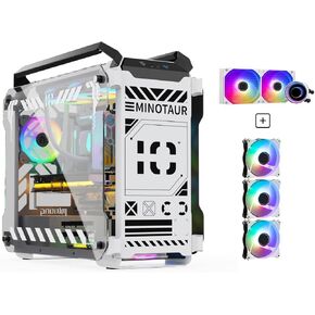 Mino Open-Frame ATX Gaming Case – Industrial Design, Tempered Glass Panels, High Airflow, ARGB Lighting, USB-C Port (Black/White/Print Stream, with Fans + Watercooler)
