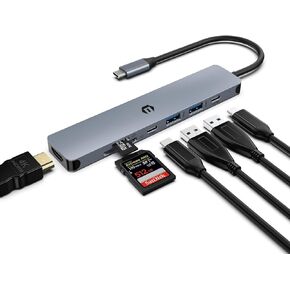 Multiport USB C Adapter, OBERSTER 7 in 1 USB 3.0 HUB with 4K HDMI, 100W PD, 2 USB 3.0, USB C 3.0, SD/TF Card Readers Compatible with Windows(Aluminum)