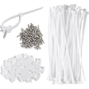 Cable Zip Tie Mounts Kit - 55 Set Wire Cable Clips Organizer Holders with 6" Cable Ties, Saddle Type Mounts Base and Tapping Screw, White