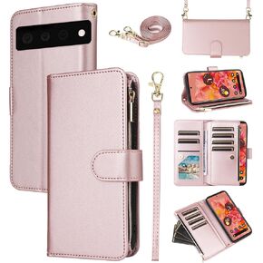 Wallet Case for Google Pixel 6 with Wrist Strap Crossbody Shoulder Strap Leather Zipper Flip Purse Card Holder Slots Protector Stand Cell Accessories Phone Cover Pixel6 Pixle Six Girls Pink