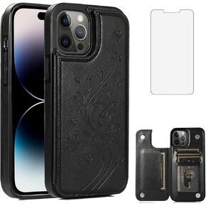 Phone Case for iPhone 14 Pro 6.1 inch with Tempered Glass Screen Protector and Card Holder Wallet Cover Stand Flip Leather Cell Accessories iPhone14Pro 5G i i-Phone i14 iPhone14 14Pro Women Men Blue