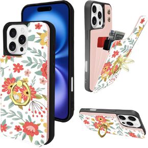 TopPerfekt Compatible with iPhone 16 Pro Max Wallet Case with Card Holder, 360°Rotation Finger Ring Holder Kickstand Protective RFID Blocking PU Leather Pattern Double Buttons 6.9" Pink Marble
