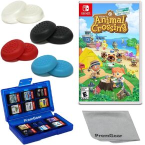 Animal Crossing: New Horizons - Nintendo Switch with PremGear 4 different Colors Thumb Grips (8 pack), 24 Slot Game Card Holder & Cleaning Cloth
