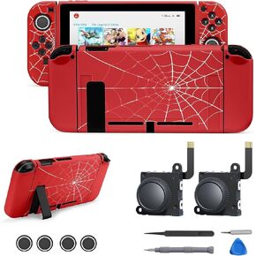 JINGDU Protective Case Compatible with Switch 2017, Red Spider Web TPU Covers, Switch Joycon Hall Joystick Replacement Accessories, Thumb Stick Repair Tool Kit 2 Pcs