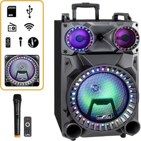 beFree Sound Rechargeable 12 Inch Bluetooth Portable Party Speaker with Party Lights, FM Radio and USB/TF Inputs