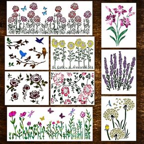Flower Stencils for Painting - Wildflower Stencils for Painting on Walls - Cherry Blossom, Dandelion, Sunflower Stencil -Stencils for Crafts Reusable for Wood, Canvas, Fabric, Spray Painting and More