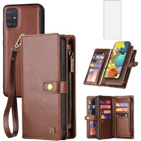 Asuwish Phone Case for Samsung Galaxy A51 5G/A 51 5G UW Verizon Zipper Wallet Detachable Cover with Screen Protector and Card Holder Slot Wrist Strap Accessories Protective 51A G5 S51 Women Men Brown