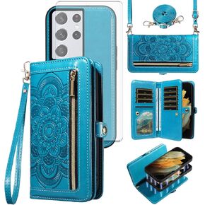 Asuwish Phone Case for Samsung Galaxy S21 Ultra 5G Zipper Wallet Detachable Cell Cover with Tempered Glass Screen Protector Crossbody Strap Flower Card Holder S21ultra 21S S 21 21ultra G5 Women Gray