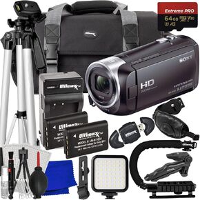Ultimaxx Advanced Sony HDR -CX405 HD HandyCam Bundle - يشمل: 64 جيجابايت متطرفة Pro MicroSDXC ، بطاريات استبدال 2x ، ترايبود خفيفة الوزن ، ترايبود الطاولة ، مجموعة ضوء الفيديو LED وأكثر من ذلك بكثير (حزمة 23pc)