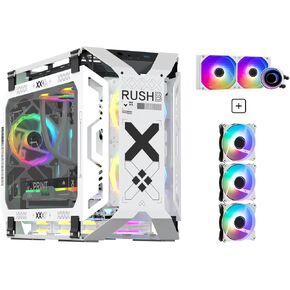 X-Era Open-Frame Mid-Tower Micro-ATX/Mini-ITX Gaming Case – Tempered Glass Panels, High Airflow, ARGB Lighting, USB-C Port (Black/White/Print Stream with Fans + Watercooler)
