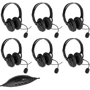 Adorama LX-USB05 USB Wired Headset with Microphone 6- Pack with in-Line Controls Professional Business Headphones VoIP Phone Computer Call Center Office