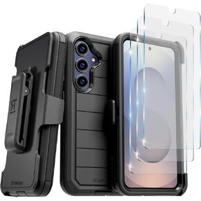 for Samsung Galaxy S25 Case with Belt Clip Holster & Kickstand, 3-Pack Screen Protector for Galaxy S25 - Black