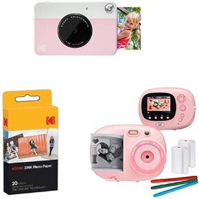 Kodak PRINTOMATIC Digital Instant Print Camera (Pink), with Extra Paper and Kids Instant Print Camera & Video Camcorder Bundle with Frames, Filters for Hours of Fun - Pink
